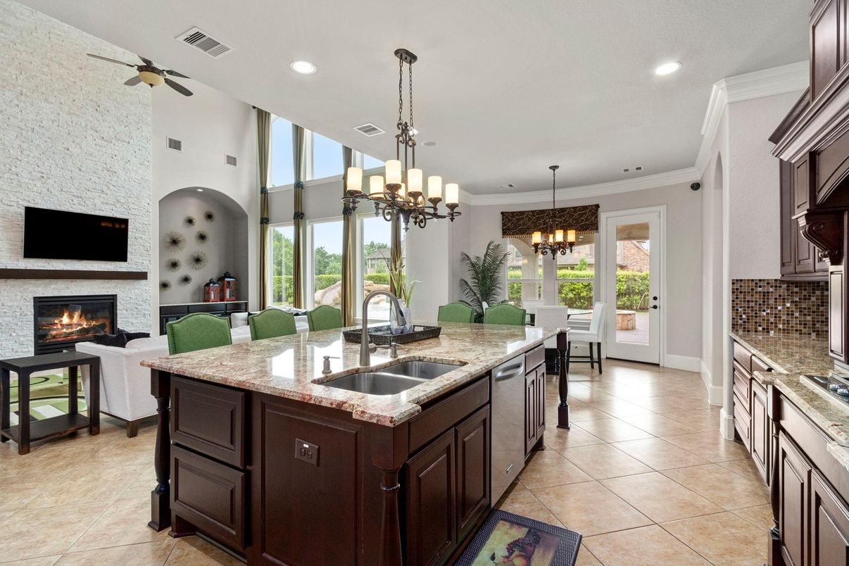 Chandelier, Dining room, Fireplace, Interior, Kitchen, Living room, Pendant Lights, Recessed Lighting