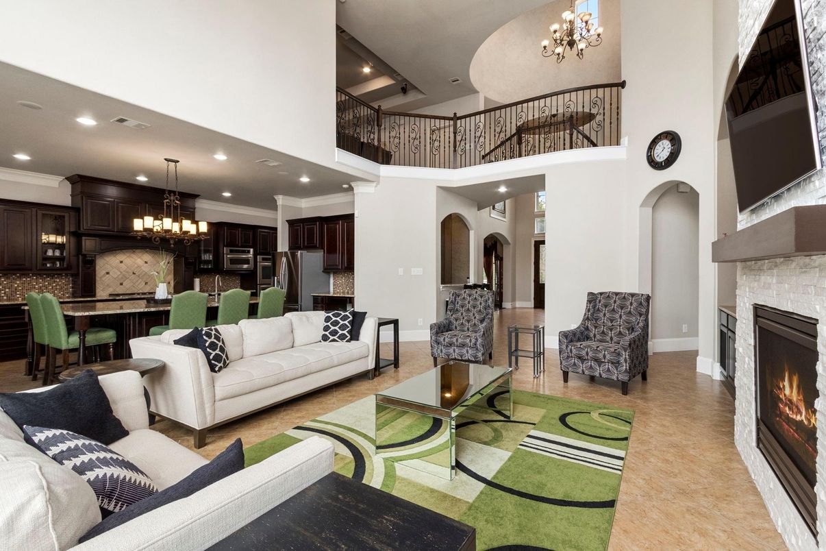 Chandelier, Dining room, Fireplace, Interior, Kitchen, Living room, Recessed Lighting