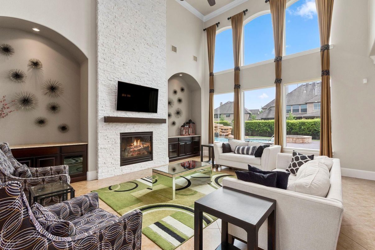 Fireplace, Interior, Living room, Recessed Lighting, Stone Walls