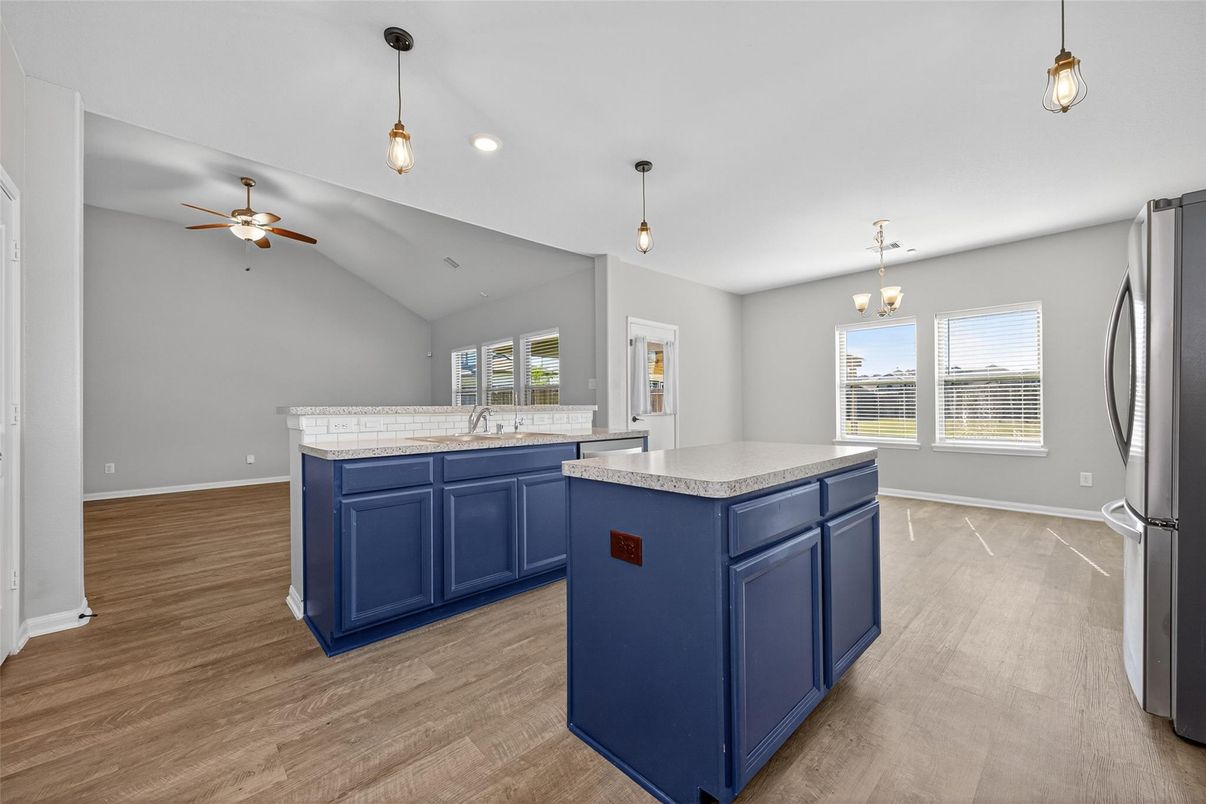 Chandelier, Interior, Kitchen, Pendant Lights, Recessed Lighting, Wood Texture Flooring