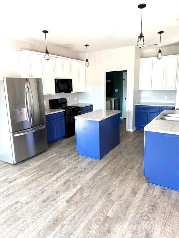 Interior, Kitchen, Pendant Lights, Stainless Steel Appliances, Wood Texture Flooring