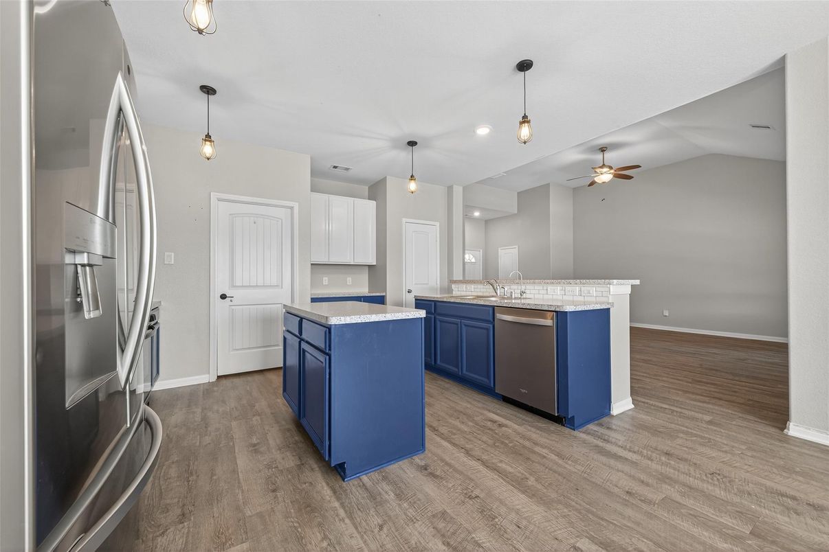 Interior, Kitchen, Pendant Lights, Recessed Lighting, Stainless Steel Appliances, Wood Texture Flooring