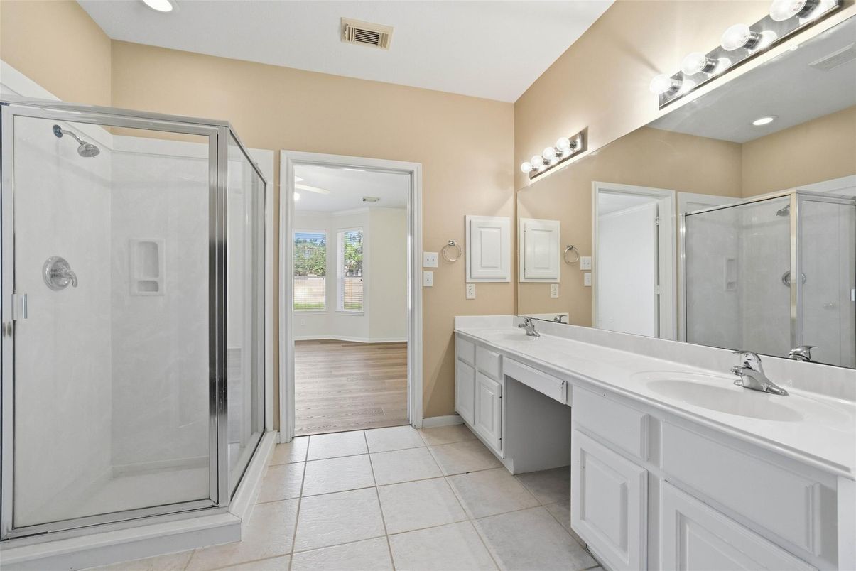 Bathroom, Dual Sink Vanities, Glass Shower, Interior, Recessed Lighting