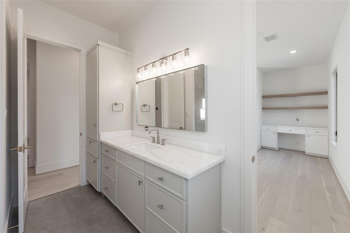 Bathroom, Dual Sink Vanities, Interior, Recessed Lighting, Wood Texture Flooring