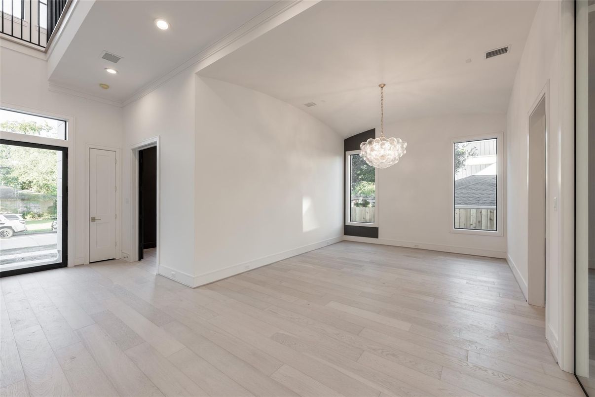 Chandelier, Empty room, Interior, Recessed Lighting, Wood Texture Flooring