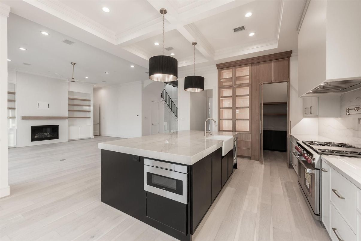 Interior, Kitchen, Pendant Lights, Recessed Lighting, Stainless Steel Appliances, Wood Texture Flooring