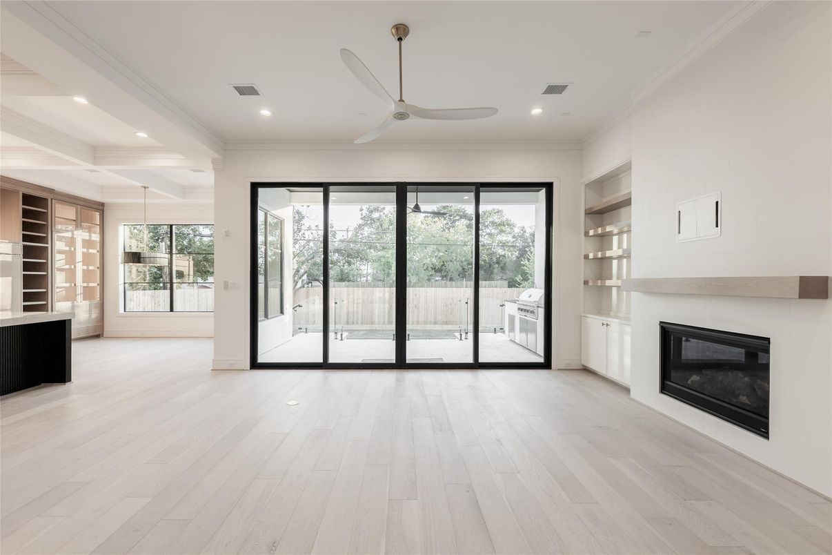 Empty room, Fireplace, Interior, Recessed Lighting, Wood Texture Flooring