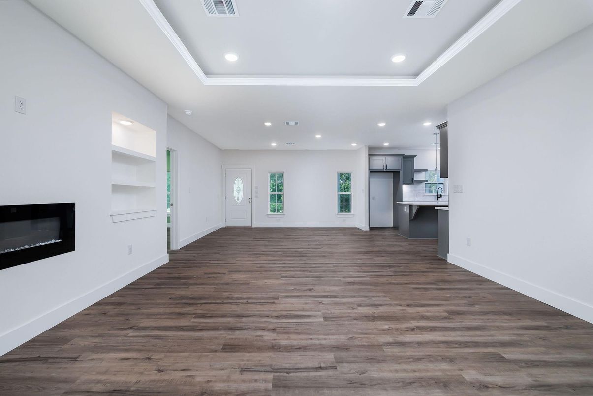 Empty room, Fireplace, Interior, Recessed Lighting, Wood Texture Flooring