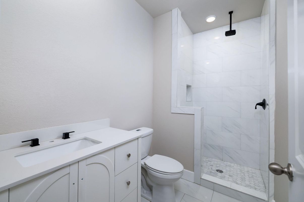 Bathroom, Glass Shower, Interior, Marble, Marble Walls, Recessed Lighting