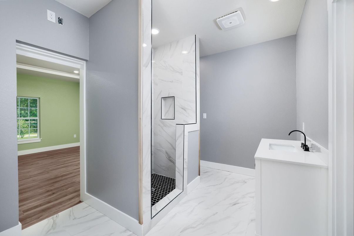 Bathroom, Interior, Marble, Marble Walls, Recessed Lighting, Wood Texture Flooring