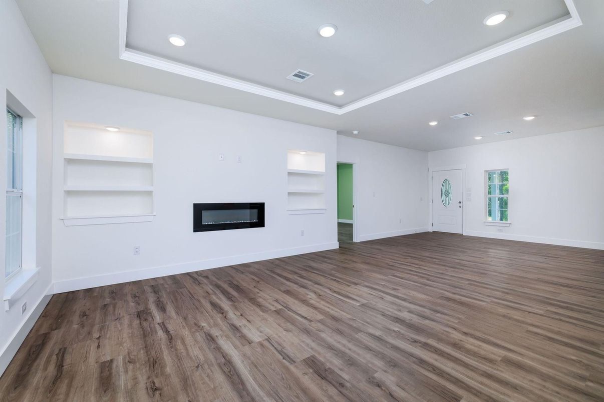 Empty room, Fireplace, Interior, Recessed Lighting, Wood Texture Flooring
