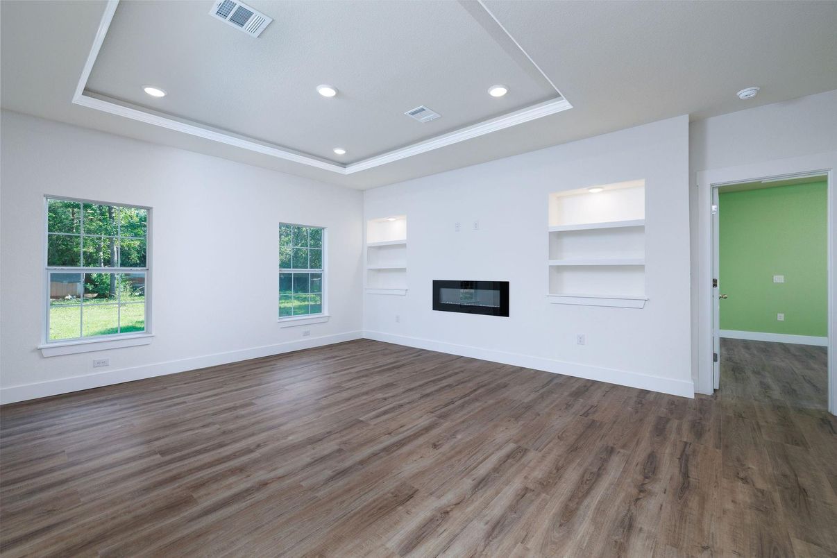 Empty room, Fireplace, Interior, Recessed Lighting, Wood Texture Flooring