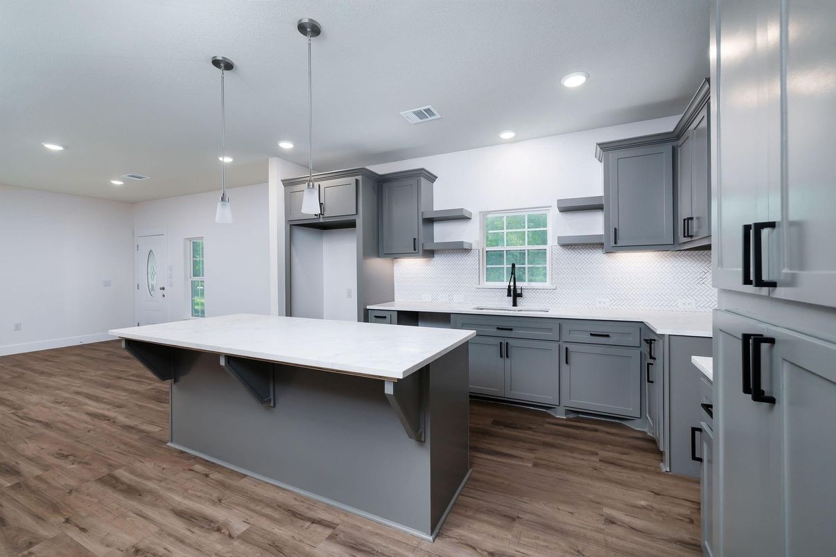 Interior, Kitchen, Pendant Lights, Recessed Lighting, Wood Texture Flooring