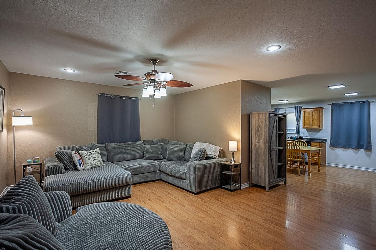Dining room, Interior, Kitchen, Living room, Recessed Lighting, Wood Texture Flooring