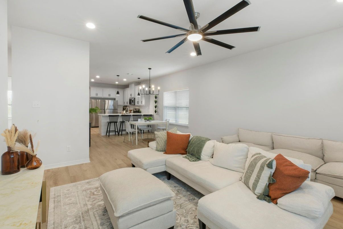 Dining room, Interior, Kitchen, Living room, Pendant Lights, Recessed Lighting, Stainless Steel Appliances, Wood Texture Flooring