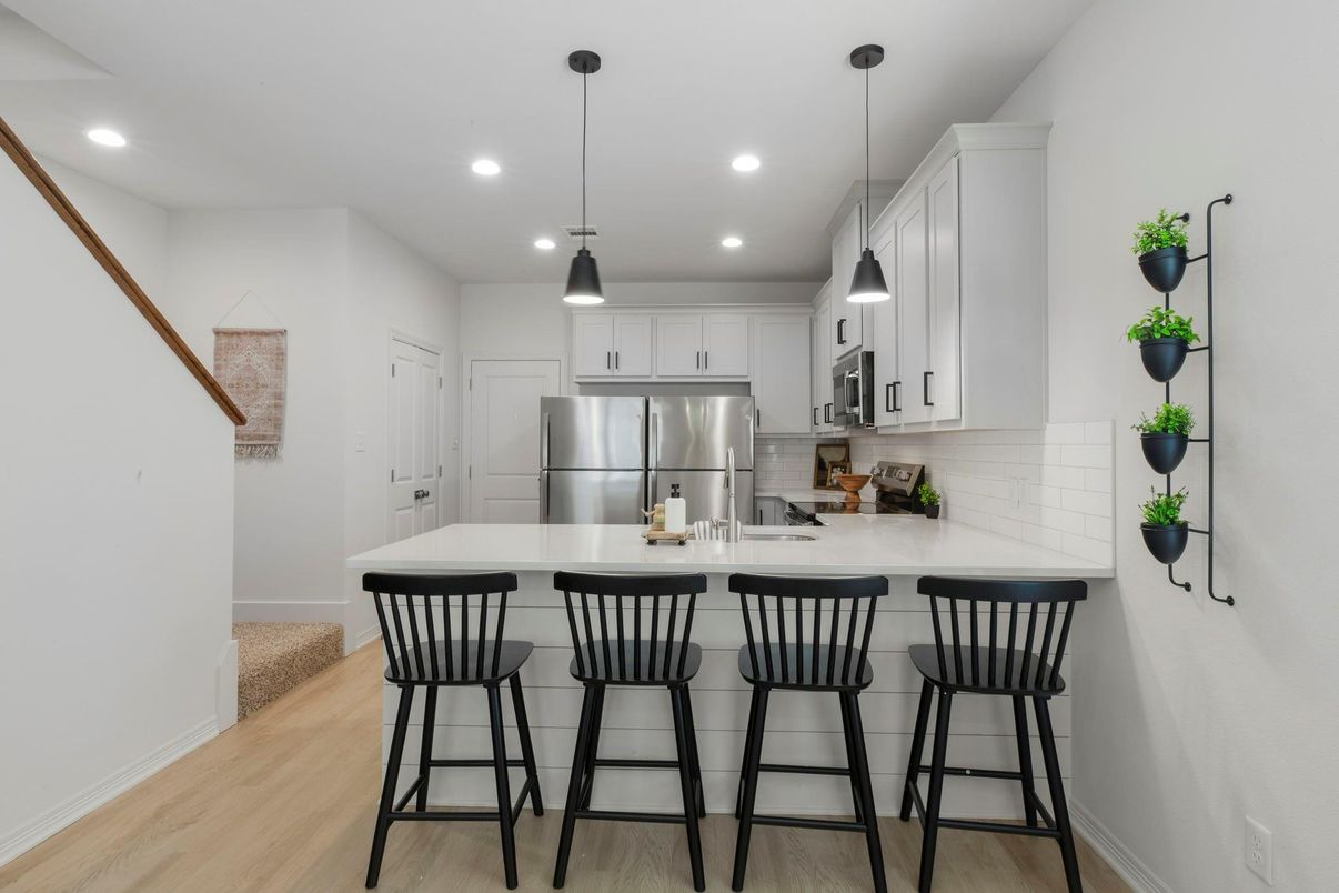 Interior, Kitchen, Pendant Lights, Recessed Lighting, Stainless Steel Appliances, Wood Texture Flooring