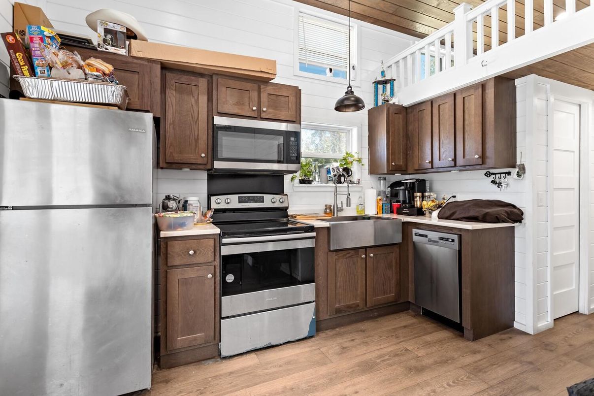 Interior, Kitchen, Pendant Lights, Stainless Steel Appliances, Wooden Ceilings, Wood Texture Flooring