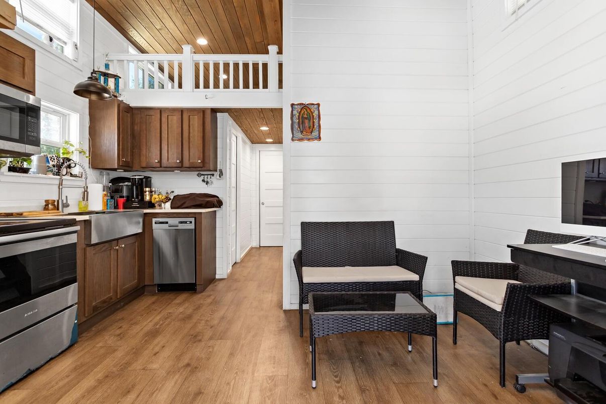 Interior, Kitchen, Recessed Lighting, Stainless Steel Appliances, Wooden Ceilings, Wood Texture Flooring