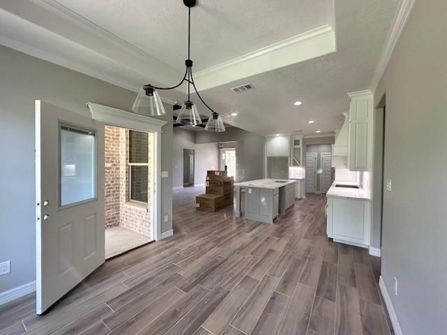 Chandelier, Interior, Kitchen, Pendant Lights, Recessed Lighting, Wood Texture Flooring