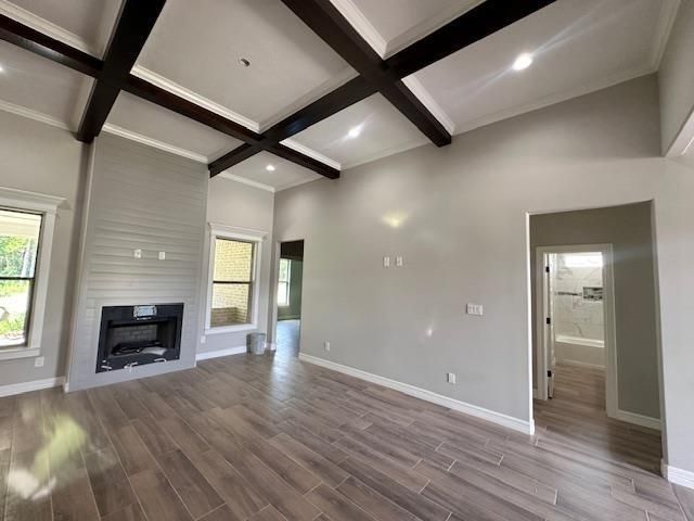 Empty room, Fireplace, Interior, Recessed Lighting, Wooden Beams, Wood Texture Flooring