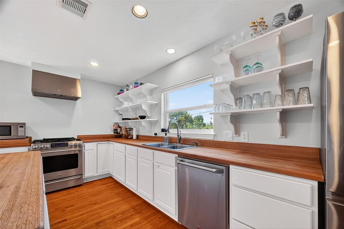 Interior, Kitchen, Recessed Lighting, Stainless Steel Appliances, Wood Texture Flooring
