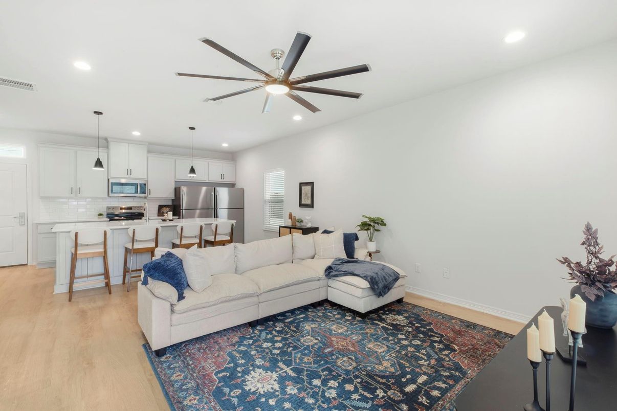 Interior, Kitchen, Living room, Pendant Lights, Recessed Lighting, Stainless Steel Appliances, Wood Texture Flooring