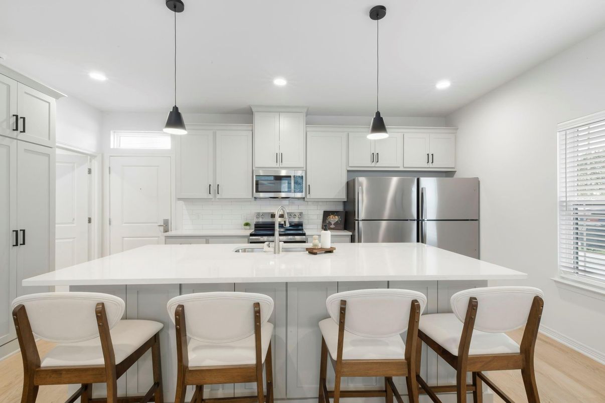 Interior, Kitchen, Pendant Lights, Recessed Lighting, Stainless Steel Appliances, Wood Texture Flooring