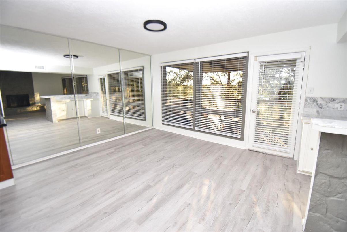 Empty room, Fireplace, Interior, Pendant Lights, Wood Texture Flooring