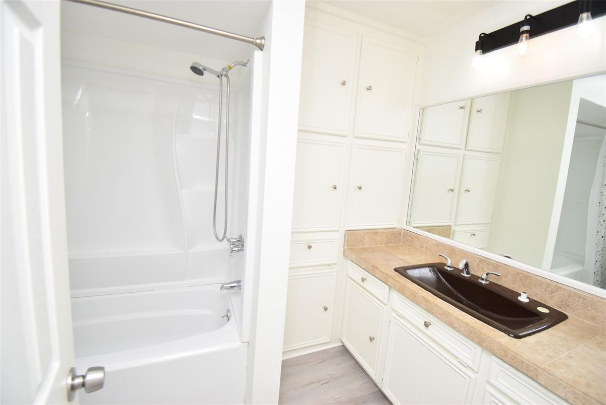 Bathroom, Interior, Tile Countertops, Wood Texture Flooring