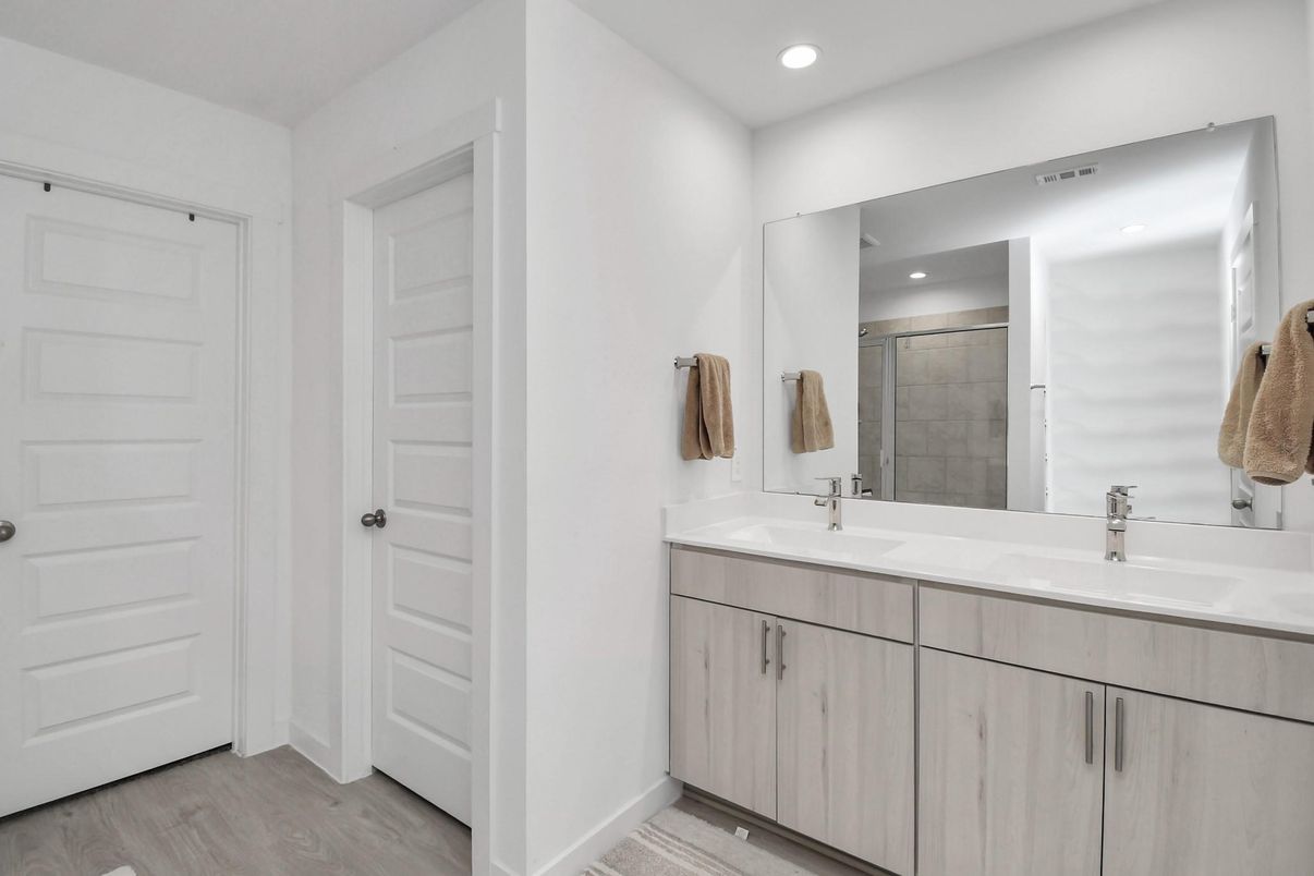 Bathroom, Dual Sink Vanities, Interior, Recessed Lighting, Wood Texture Flooring