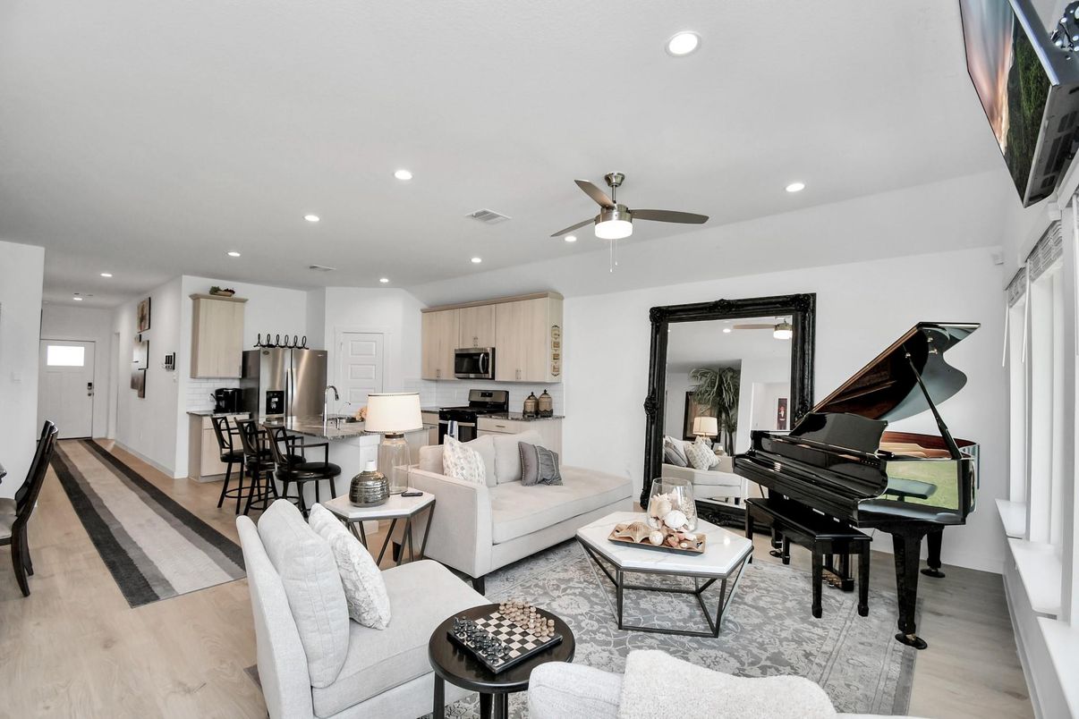 Interior, Kitchen, Living room, Piano, Recessed Lighting, Stainless Steel Appliances, Wood Texture Flooring