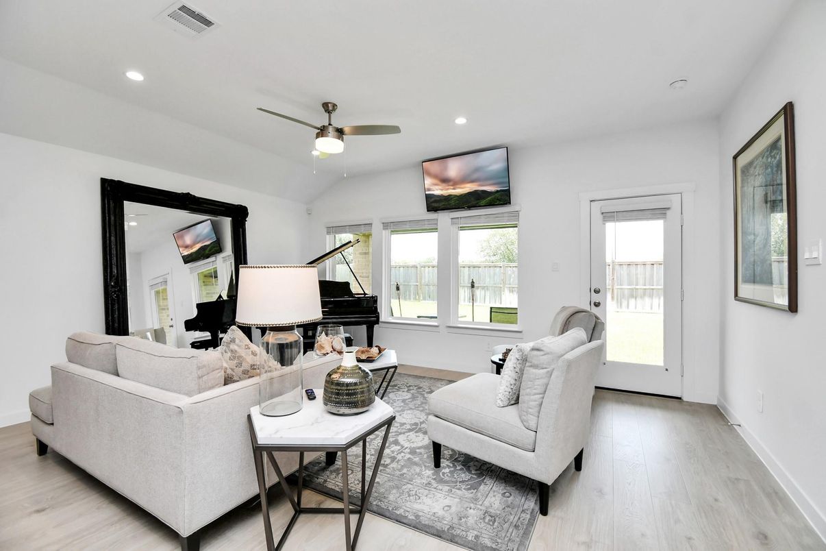 Interior, Living room, Piano, Recessed Lighting, Wood Texture Flooring