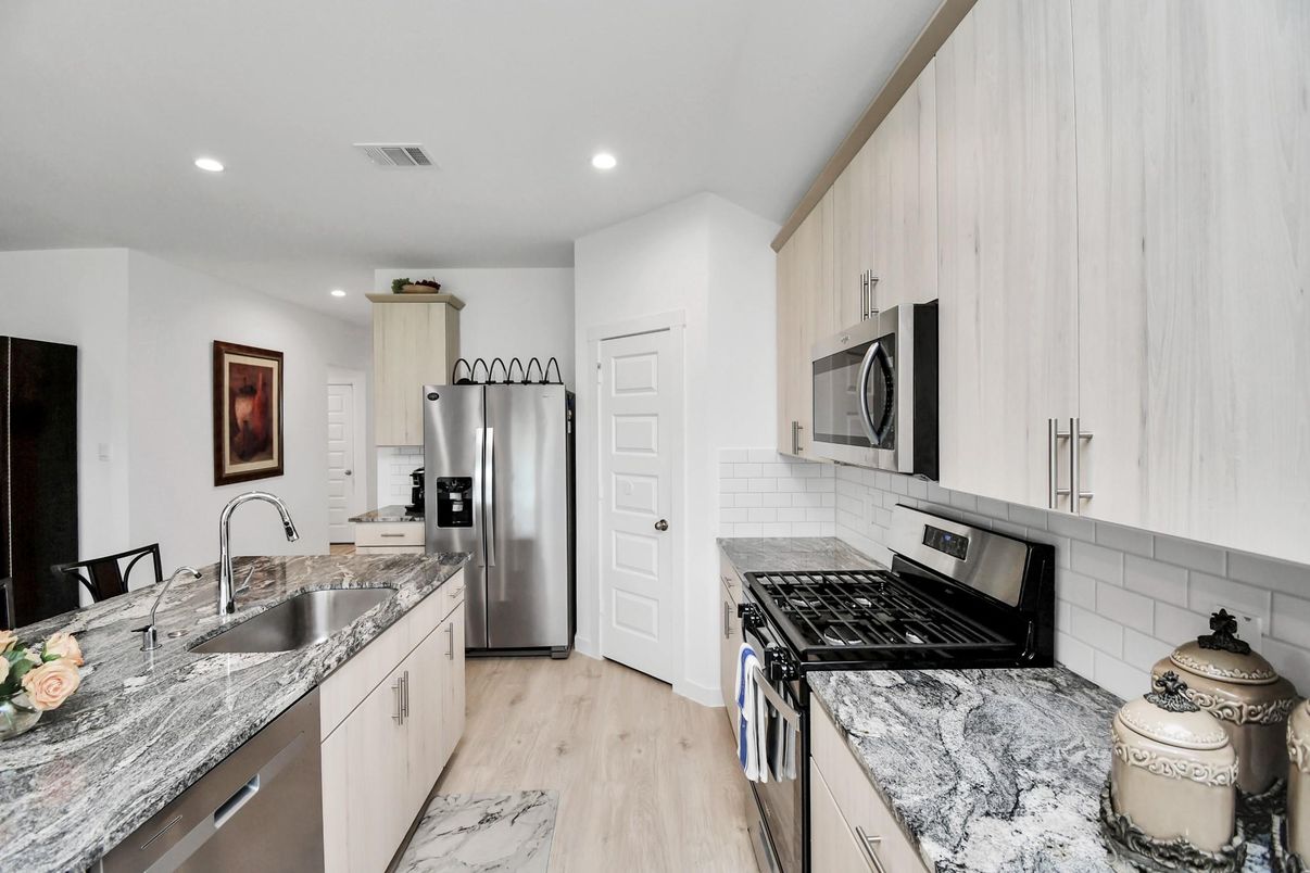 Interior, Kitchen, Recessed Lighting, Stainless Steel Appliances, Wood Texture Flooring