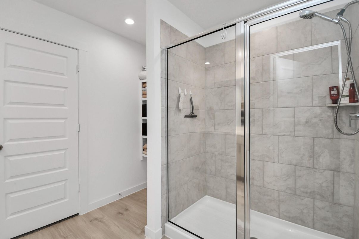 Bathroom, Glass Shower, Interior, Recessed Lighting, Wood Texture Flooring