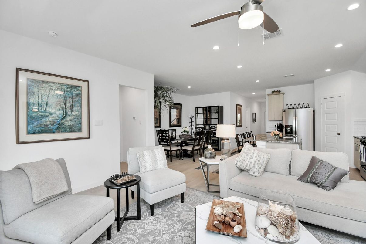 Dining room, Interior, Kitchen, Living room, Recessed Lighting, Stainless Steel Appliances, Wood Texture Flooring