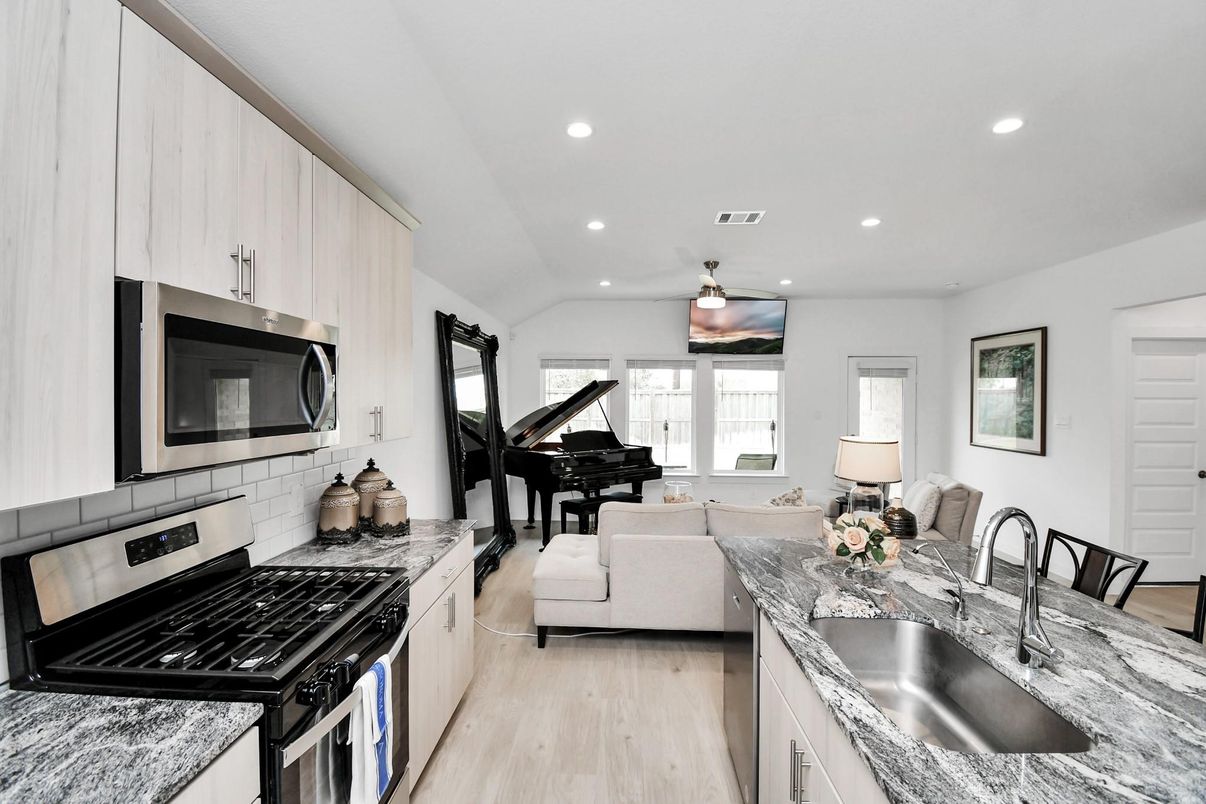 Interior, Kitchen, Living room, Piano, Recessed Lighting, Wood Texture Flooring