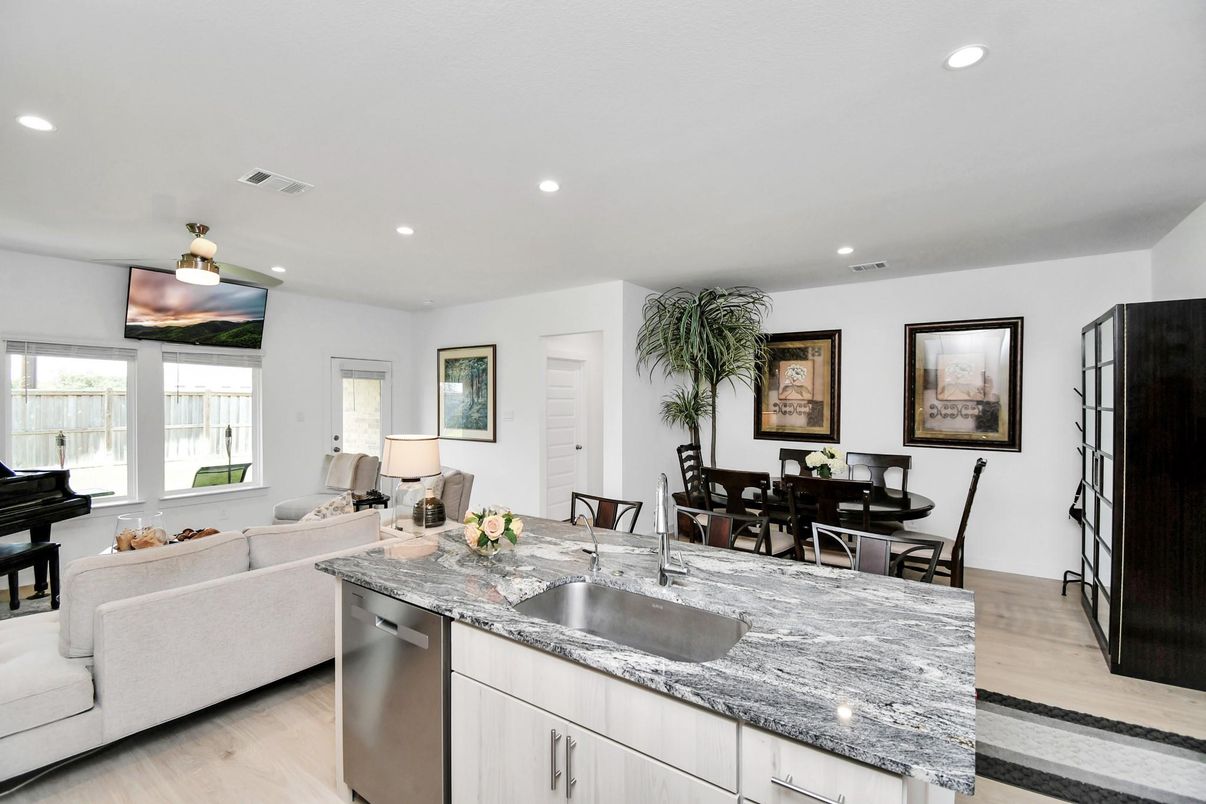 Dining room, Interior, Kitchen, Living room, Piano, Recessed Lighting, Wood Texture Flooring