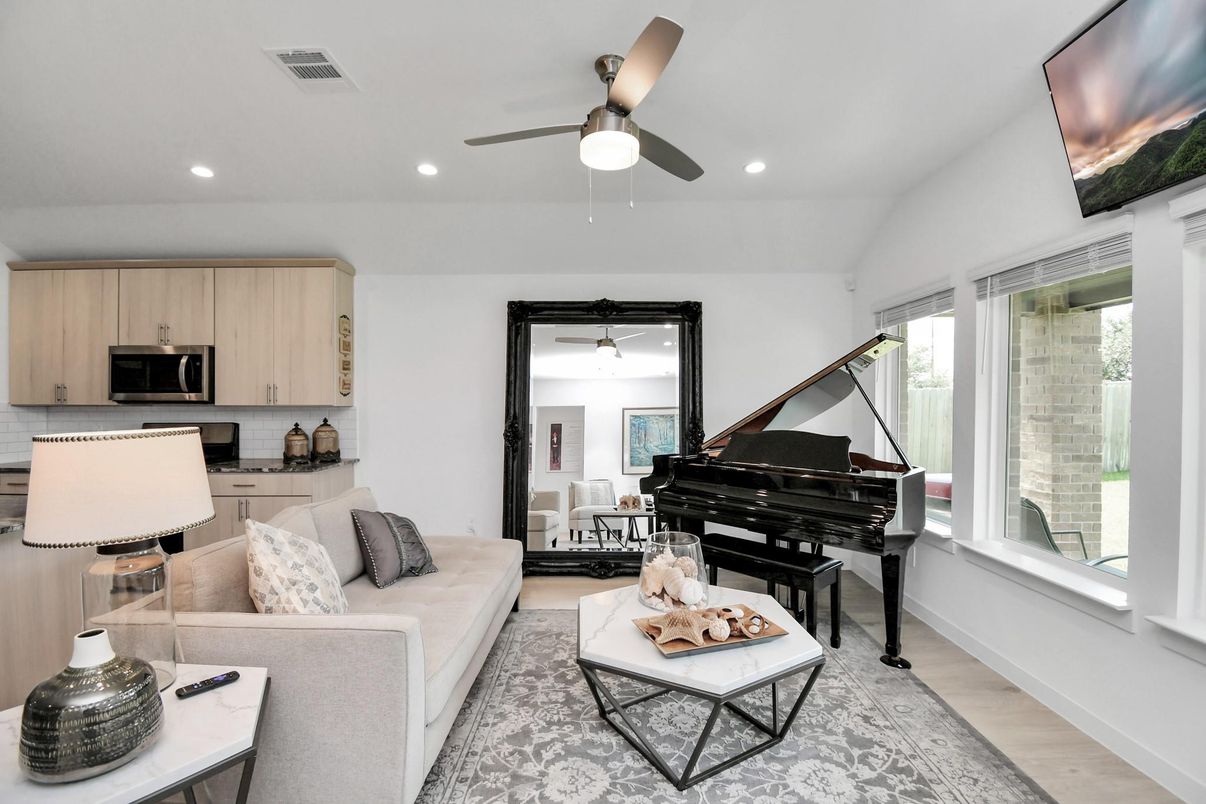 Interior, Kitchen, Living room, Piano, Recessed Lighting, Wood Texture Flooring