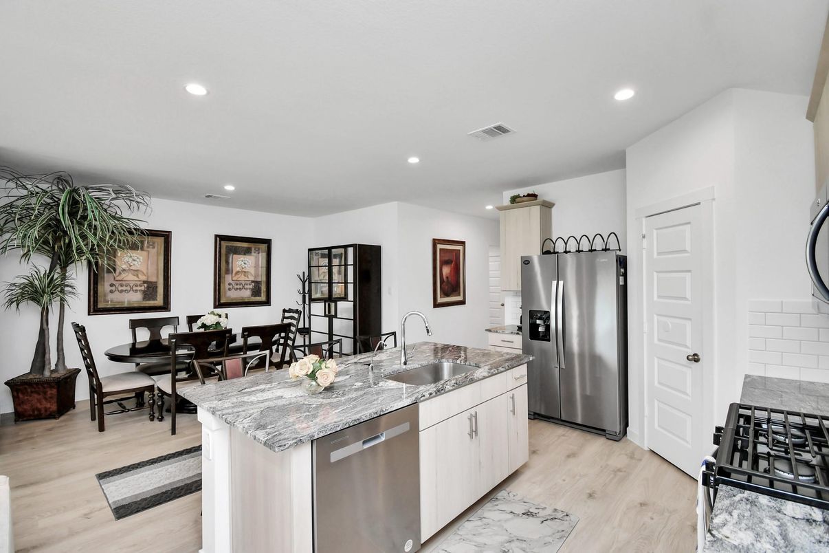 Dining room, Interior, Kitchen, Recessed Lighting, Stainless Steel Appliances, Wood Texture Flooring