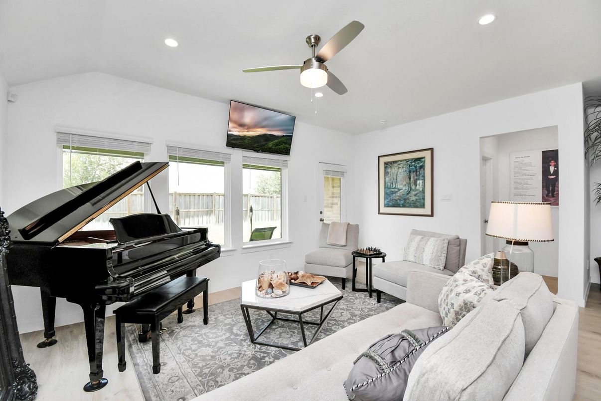 Interior, Living room, Piano, Recessed Lighting, Wood Texture Flooring