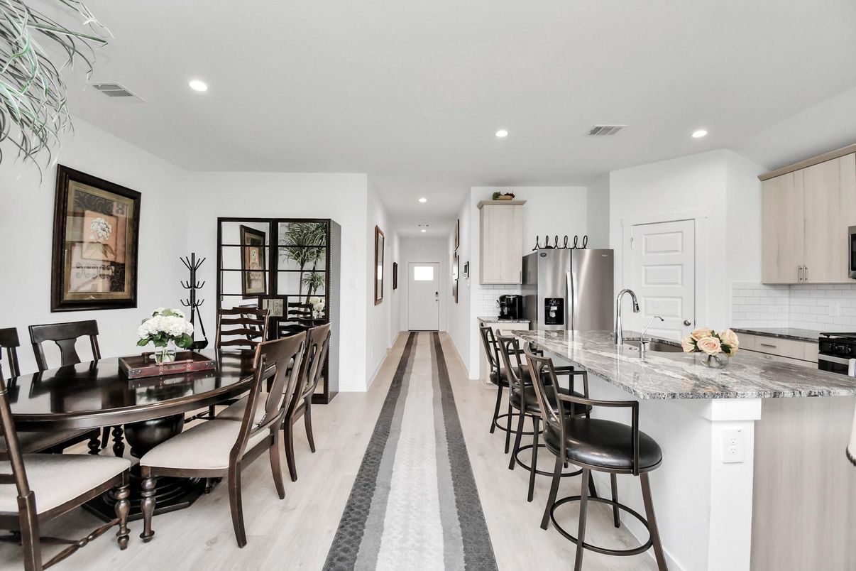 Dining room, Interior, Kitchen, Recessed Lighting, Stainless Steel Appliances, Wood Texture Flooring