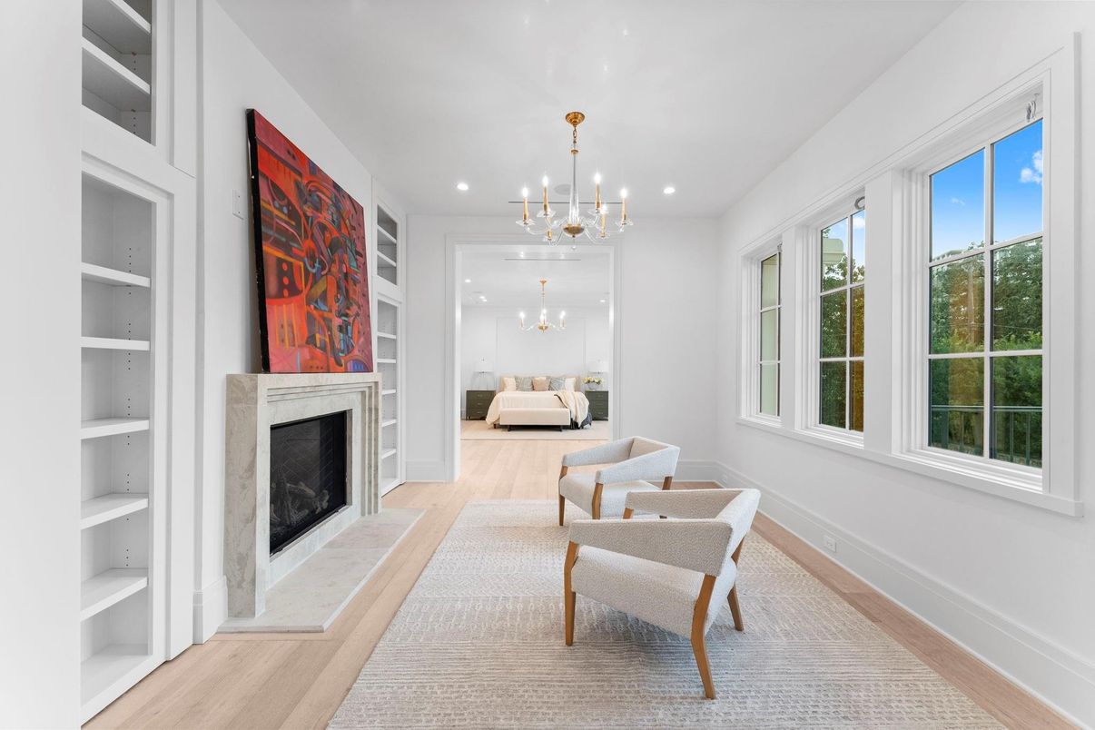 Fireplace, Interior, Pendant Lights, Recessed Lighting, Wood Texture Flooring