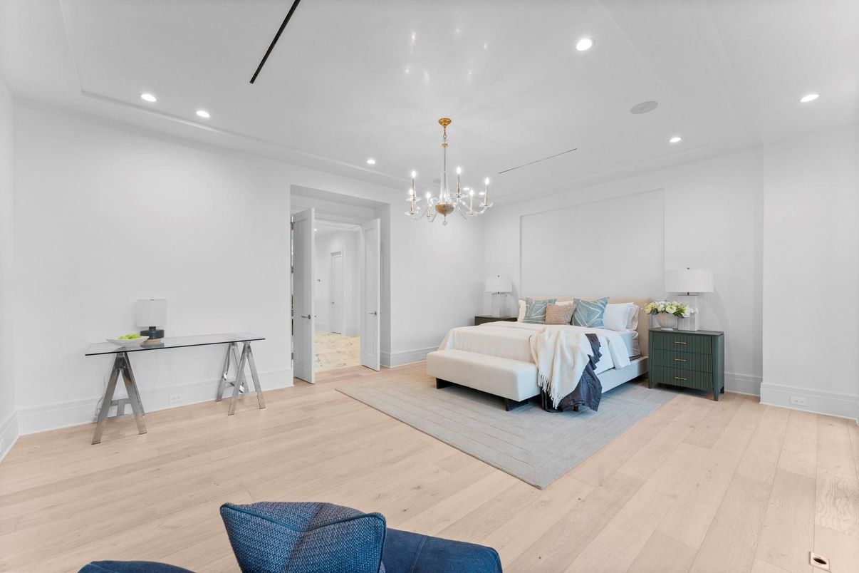 Bedroom, Interior, Pendant Lights, Recessed Lighting, Wood Texture Flooring