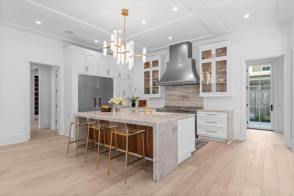 Chandelier, Interior, Kitchen, Pendant Lights, Recessed Lighting, Stainless Steel Appliances, Wood Texture Flooring
