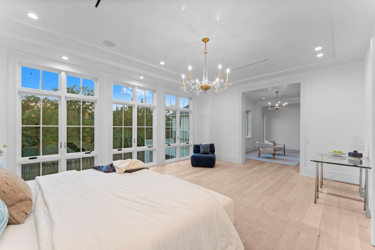 Bedroom, Chandelier, Home Office, Interior, Pendant Lights, Recessed Lighting, Wood Texture Flooring