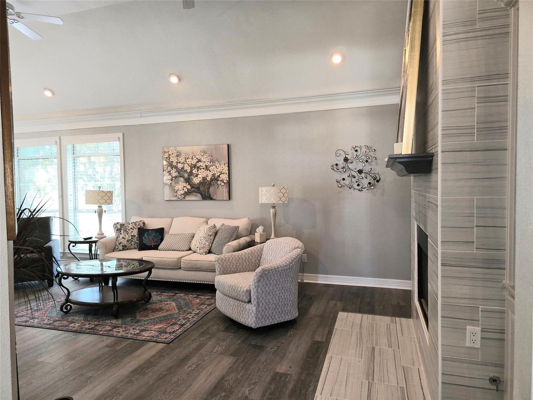 Fireplace, Interior, Living room, Recessed Lighting, Wood Texture Flooring