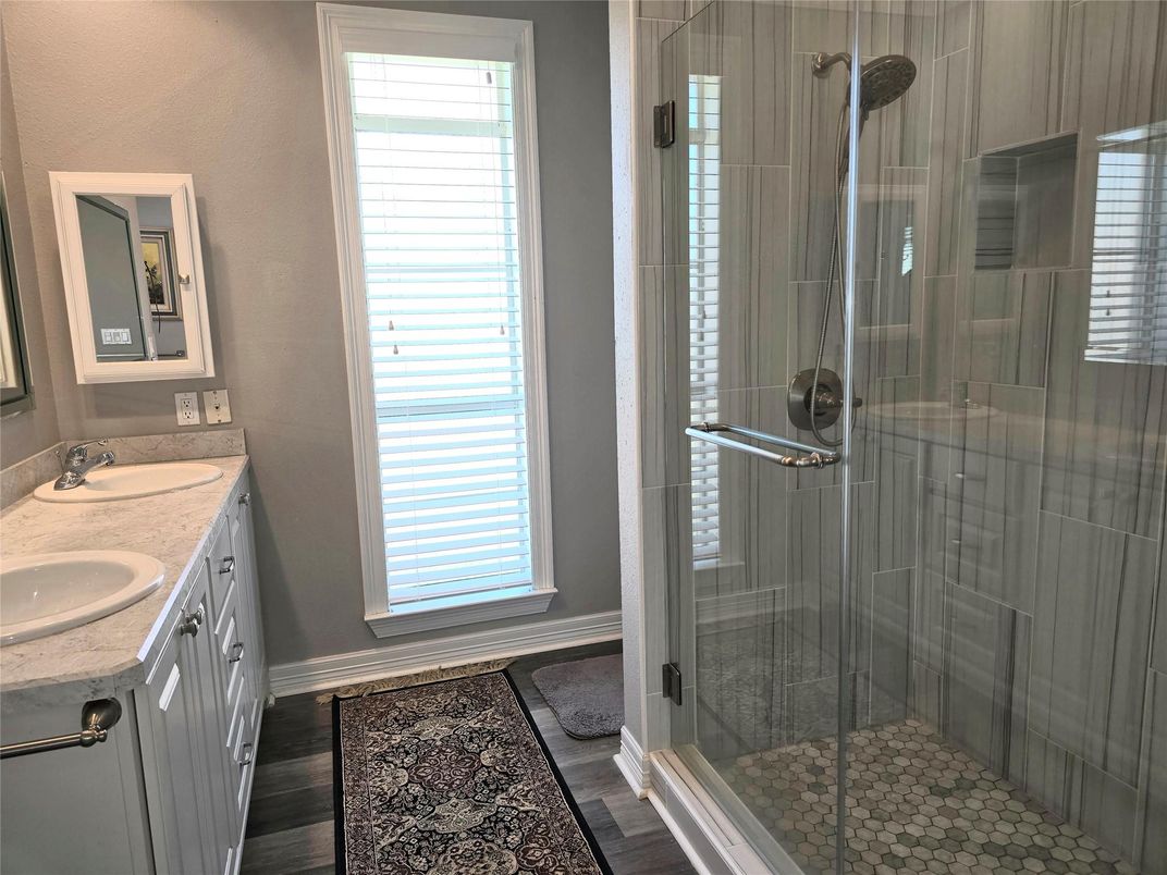 Bathroom, Dual Sink Vanities, Glass Shower, Interior, Tile Countertops