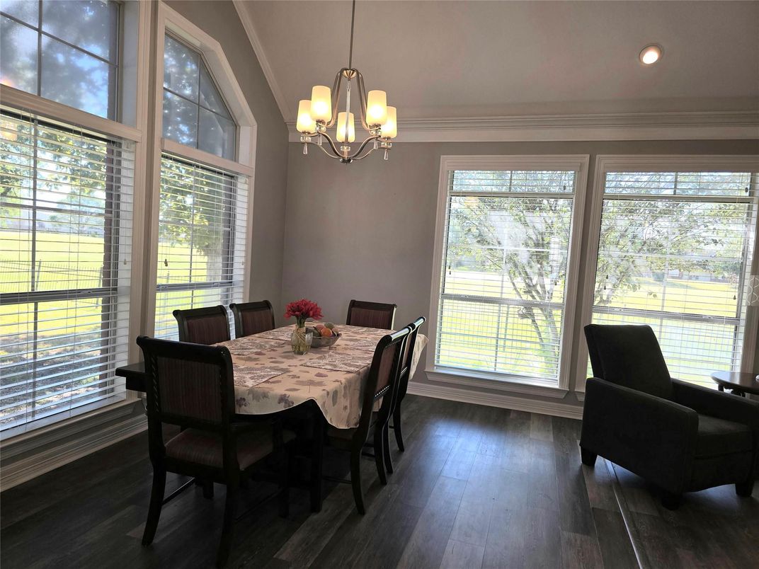 Chandelier, Dining room, Interior, Recessed Lighting, Wood Texture Flooring