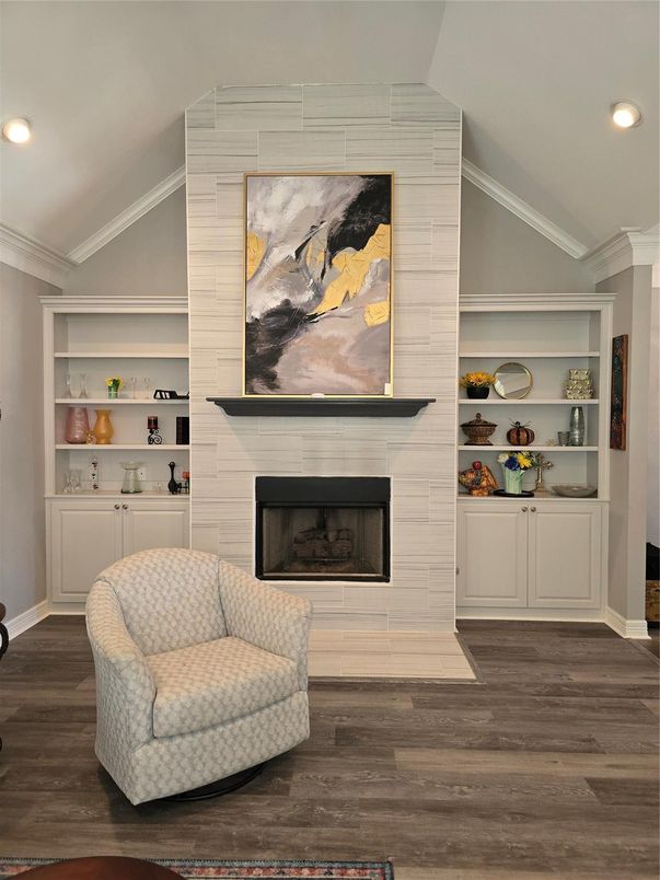 Fireplace, Interior, Recessed Lighting, Wood Texture Flooring