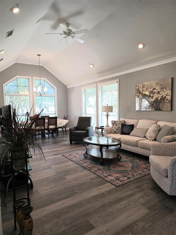 Chandelier, Dining room, Interior, Living room, Recessed Lighting, Wood Texture Flooring